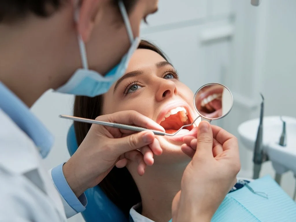 Dentist check her mouth with dental mirror